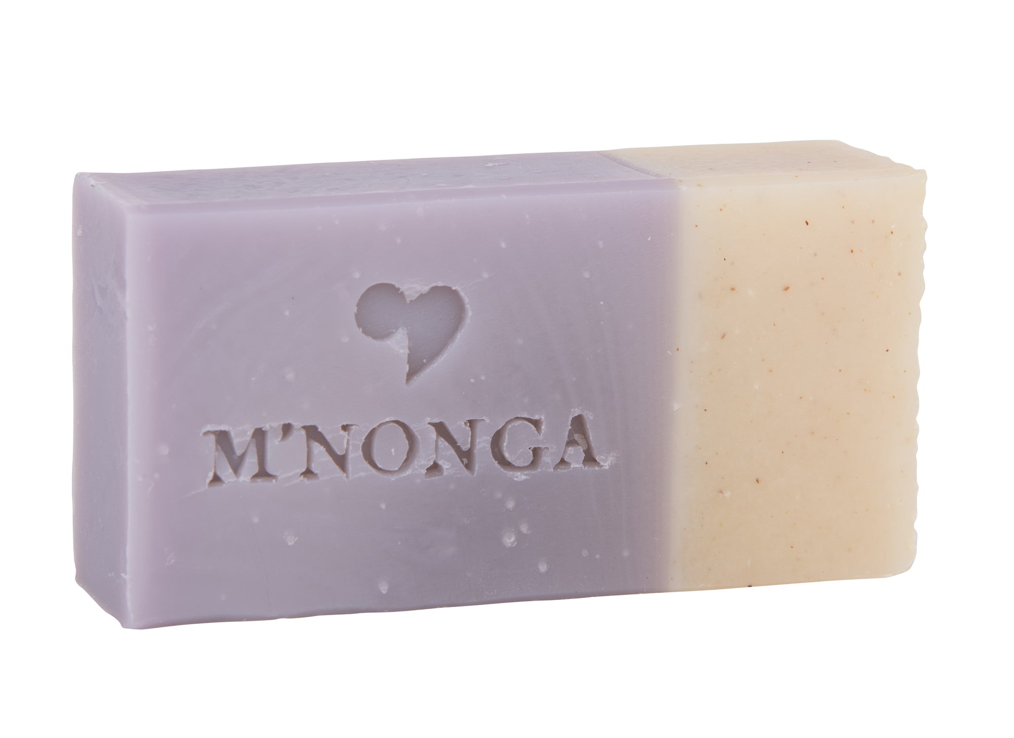 Savon corps visage 100 g. Huile d’argan et d’huile essentielle de lavande d'orange. Bicolor étagé nature et violet pâle. Contient de la farine d’orge qui ajoute un côté exfoliant.