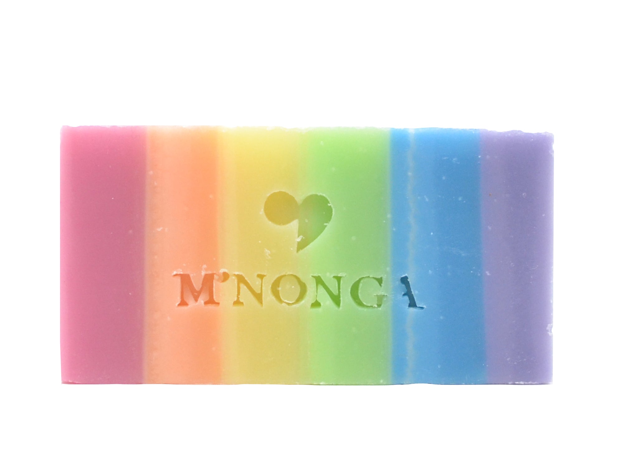 Savon rectangulaire représentant 6 couleurs de l'arc-en-ciel. Rose, orange, jaune, vert, bleue, violet.