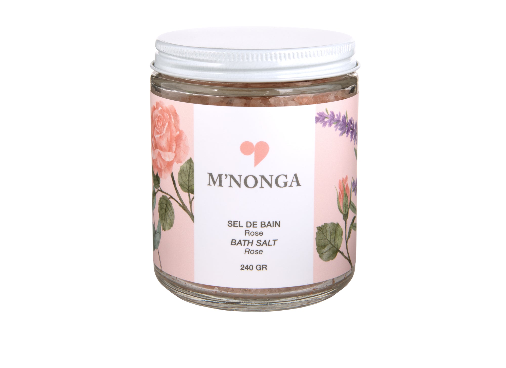 Contenant en verre 240 g. Sel pour le bain composé de sel d’Himalaya et de fragrance à la rose. Douceur.