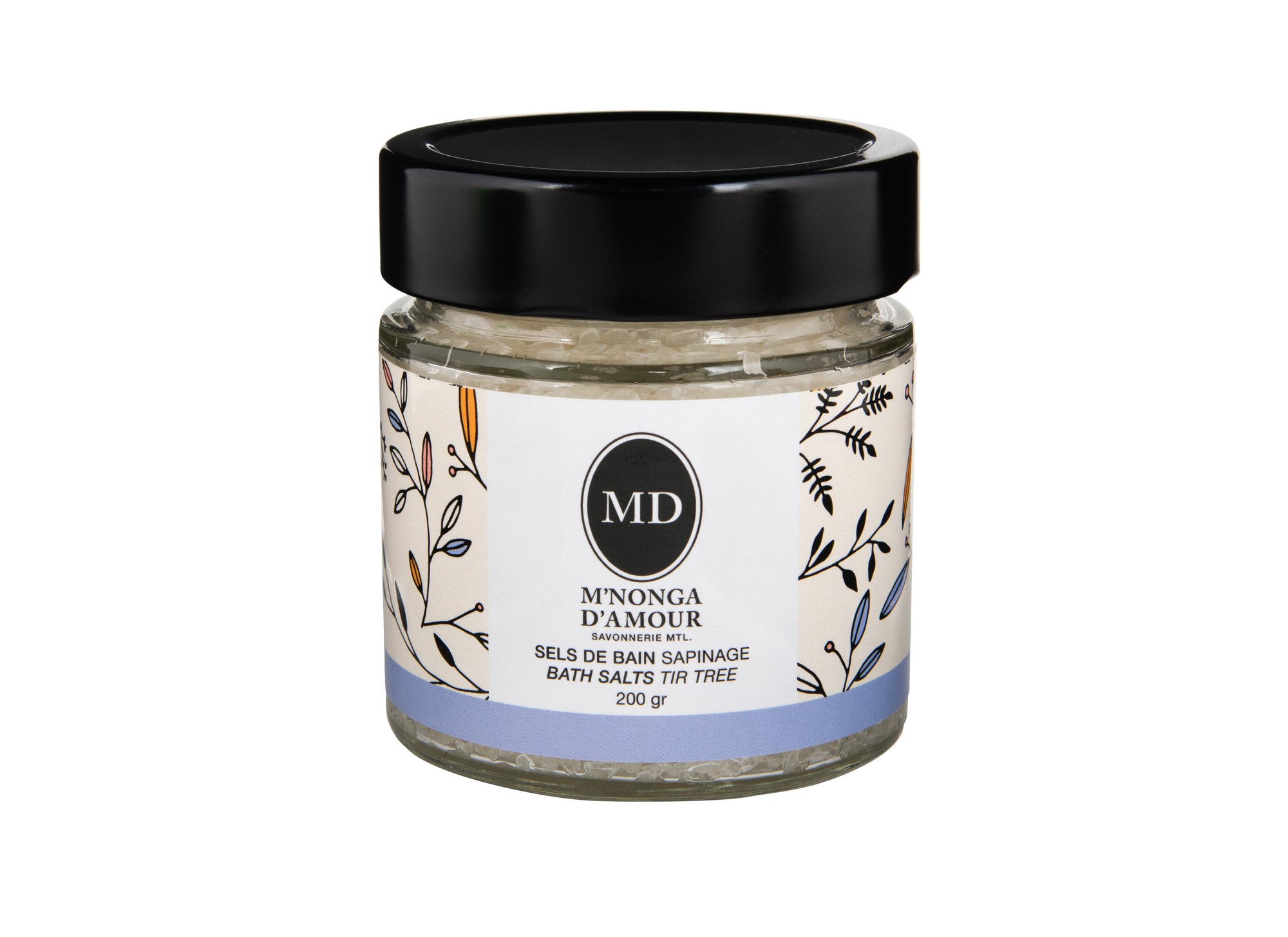 Contenant en verre rond 200. Sel pour le bain composé de sel de mer morte, sel d'epsom, argile blanche, et huiles essentielles de sapin, poivre noir et épinette noire.