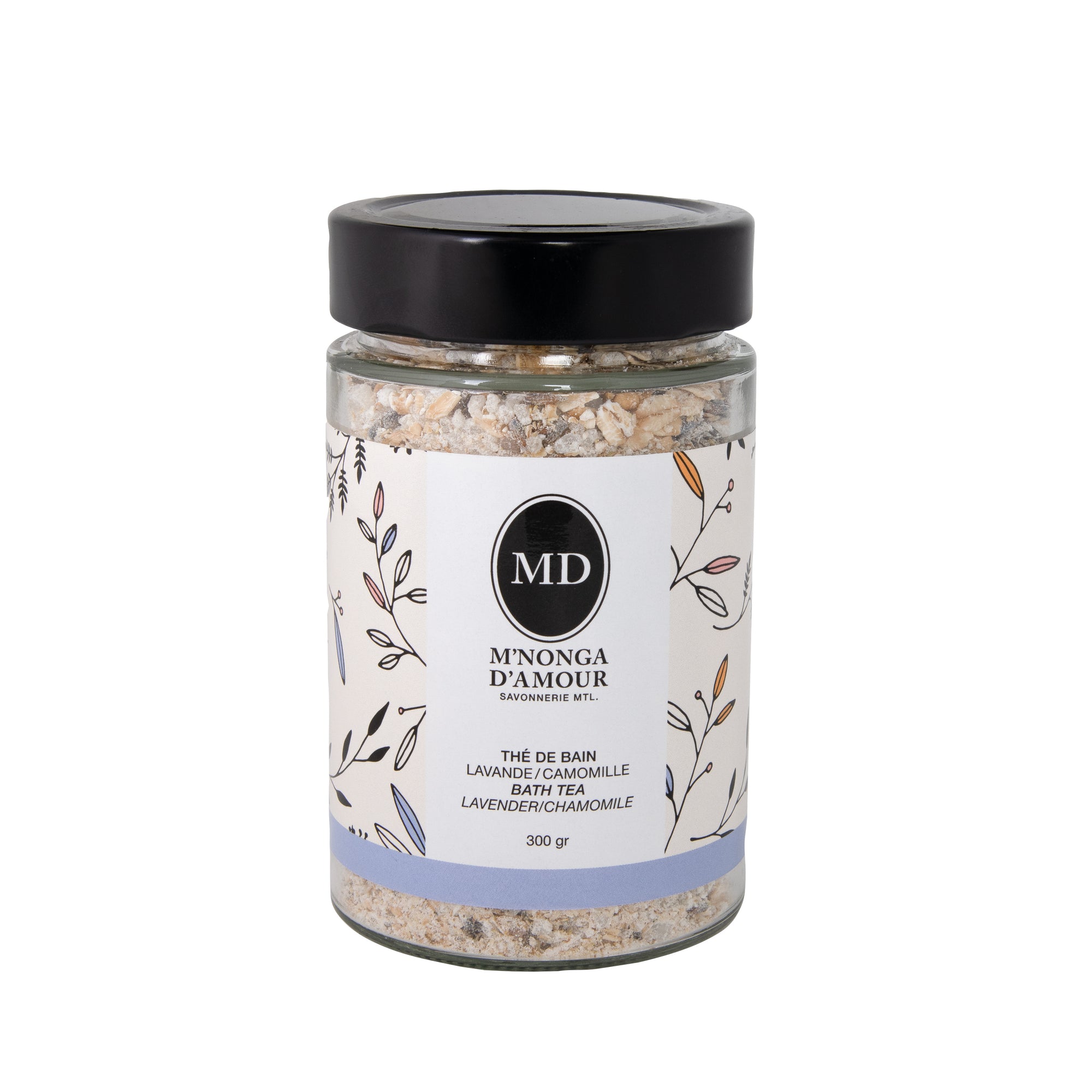 Contenant en verre 300 g. Thé de bain composé de sel rouge d’Himalaya, sel de la mer morte, fleurs de camomille, fleurs de lavande, huile essentielle de lavande.