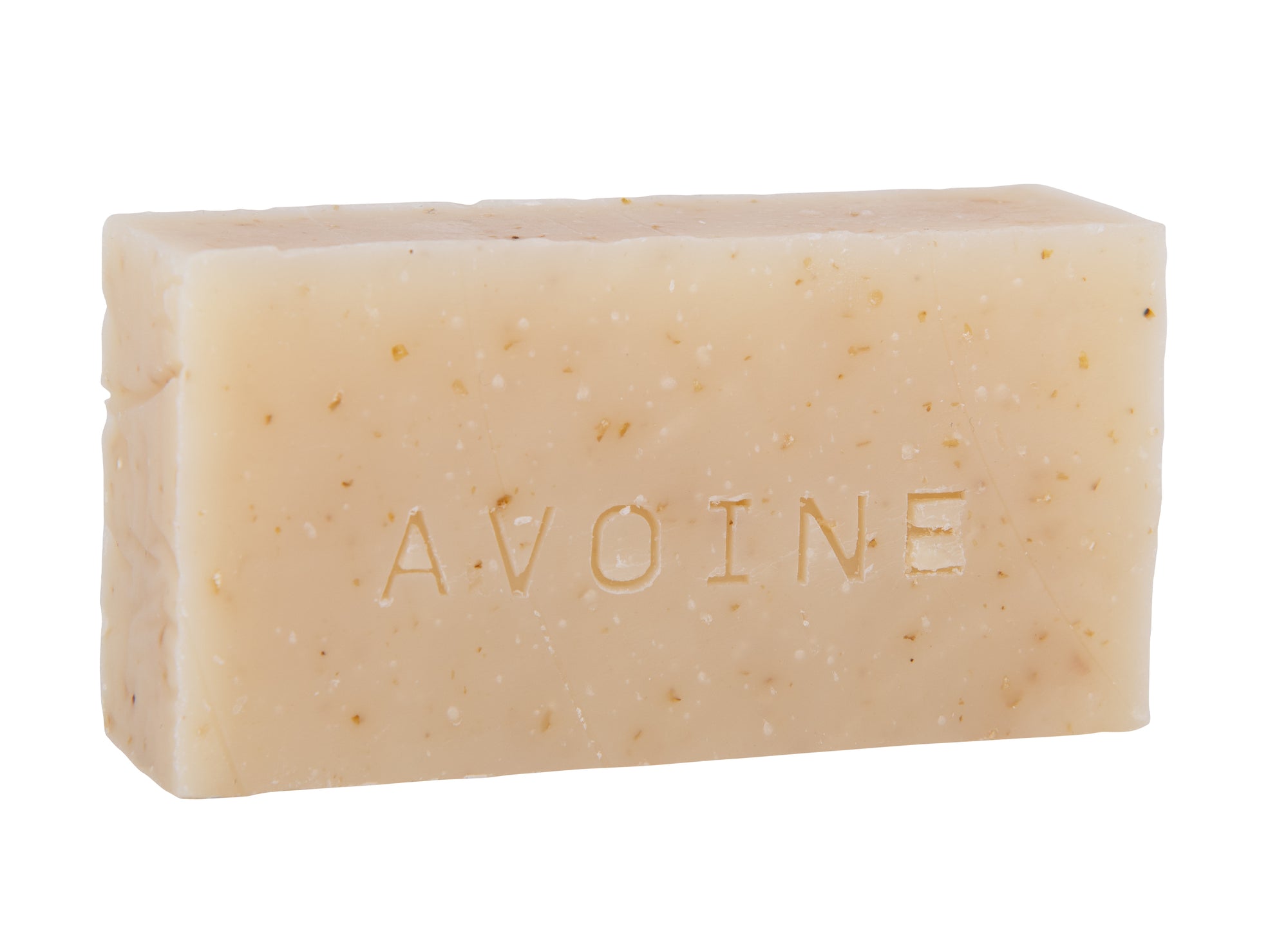 Savon corps visage 90 g, sans odeur à l’avoine. Forme rectangulaire, couleur naturel. L'avoine est connue pour ses propriétés apaisantes et hydratantes, idéales pour les peaux sensibles et irritées. 