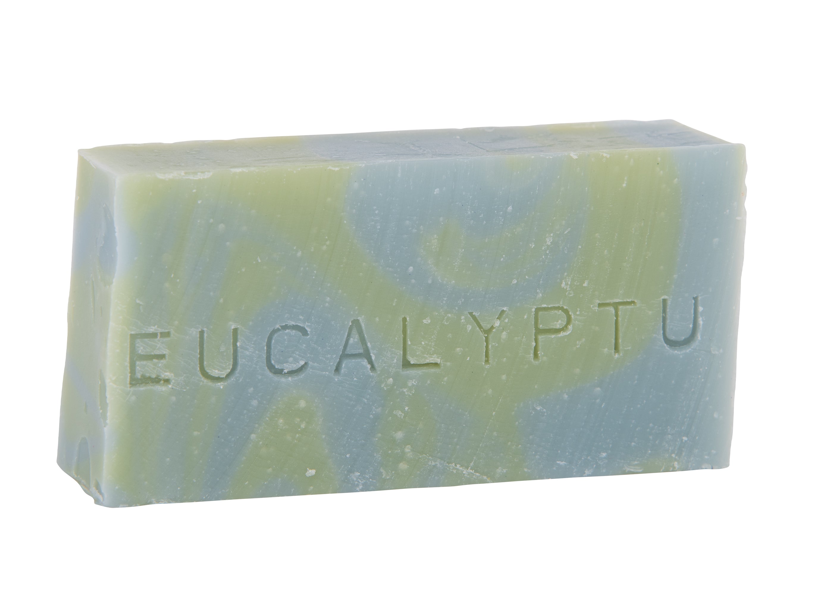 Savon corps visage 90 g. Huile essentielle eucalyptus. Bicolor marbré bleu pâle et vert pâle. Surgras à 8%.  Notre savon convient à tous les types de peau et constitue le choix idéal pour une utilisation quotidienne afin d&#39;obtenir une peau lisse et éclatante.