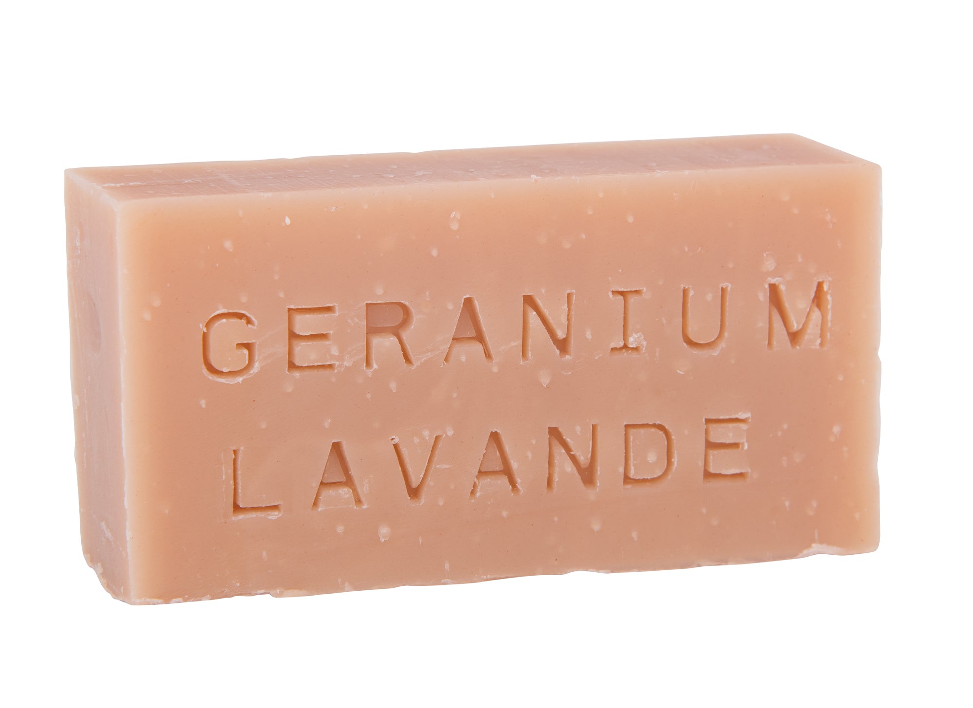 Savon rectangulaire 90 g. Unicolor rose pâle. Huiles essentielles géranium et lavande. Surgras à 8%.  Notre savon convient à tous les types de peau et constitue le choix idéal pour une utilisation quotidienne afin d'obtenir une peau lisse et éclatante.