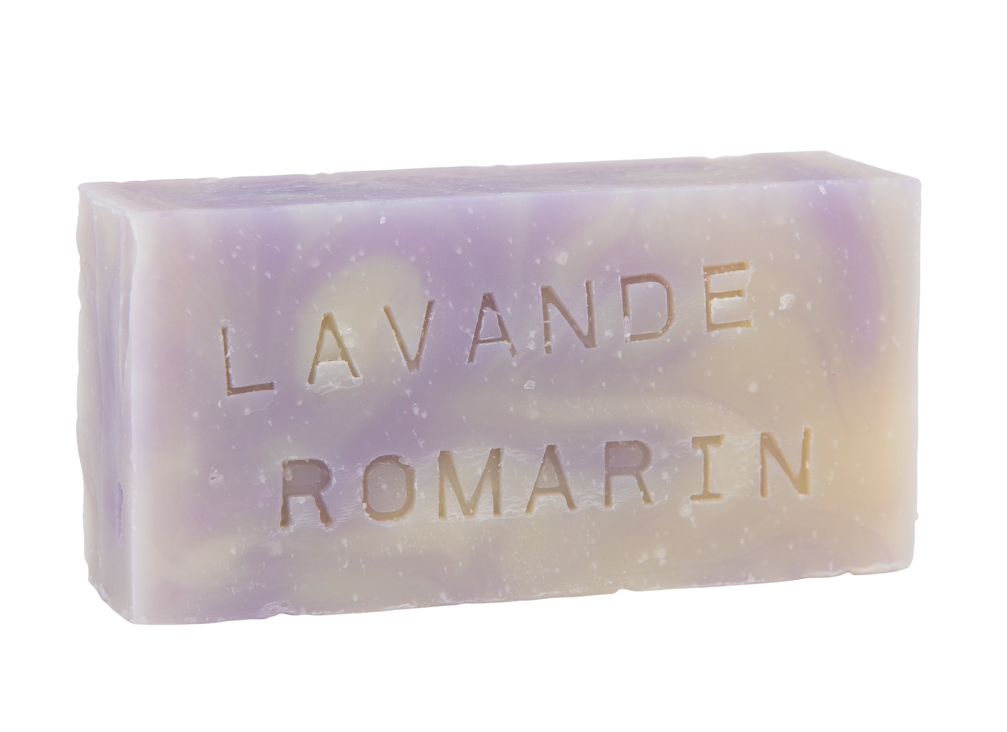 Savon corps visage 90 g.  Forme rectangulaire bicolor marbré violet pâle et vert pâle. Huiles essentielles lavande et romarin Surgras à 8%.  Notre savon convient à tous les types de peau et constitue le choix idéal pour une utilisation quotidienne afin d'obtenir une peau lisse et éclatante.