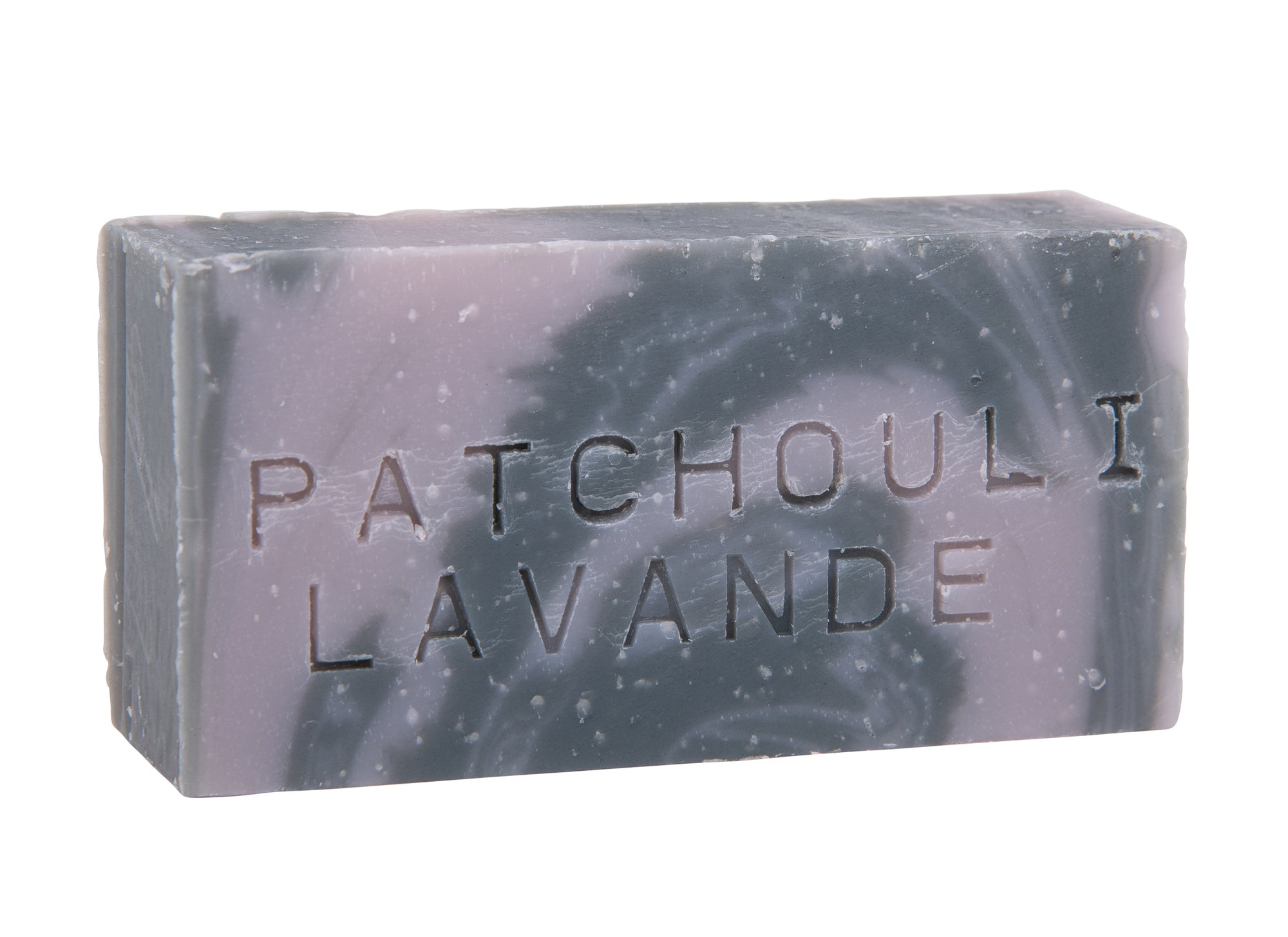 Savon corps visage 90 g.  Forme rectangulaire bicolor marbré violet pâle et noir. Huiles essentielles lavande et patchouli. Surgras à 8%.  Notre savon convient à tous les types de peau et constitue le choix idéal pour une utilisation quotidienne afin d'obtenir une peau lisse et éclatante.